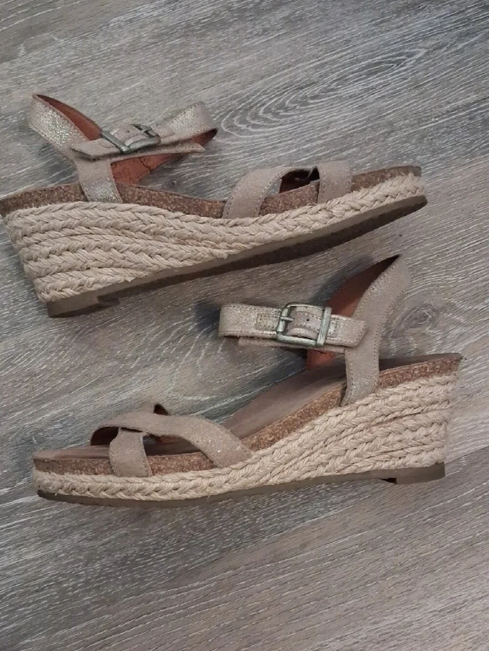 Taos Footwear Taupe Glitter Suede Wedge Sandals
